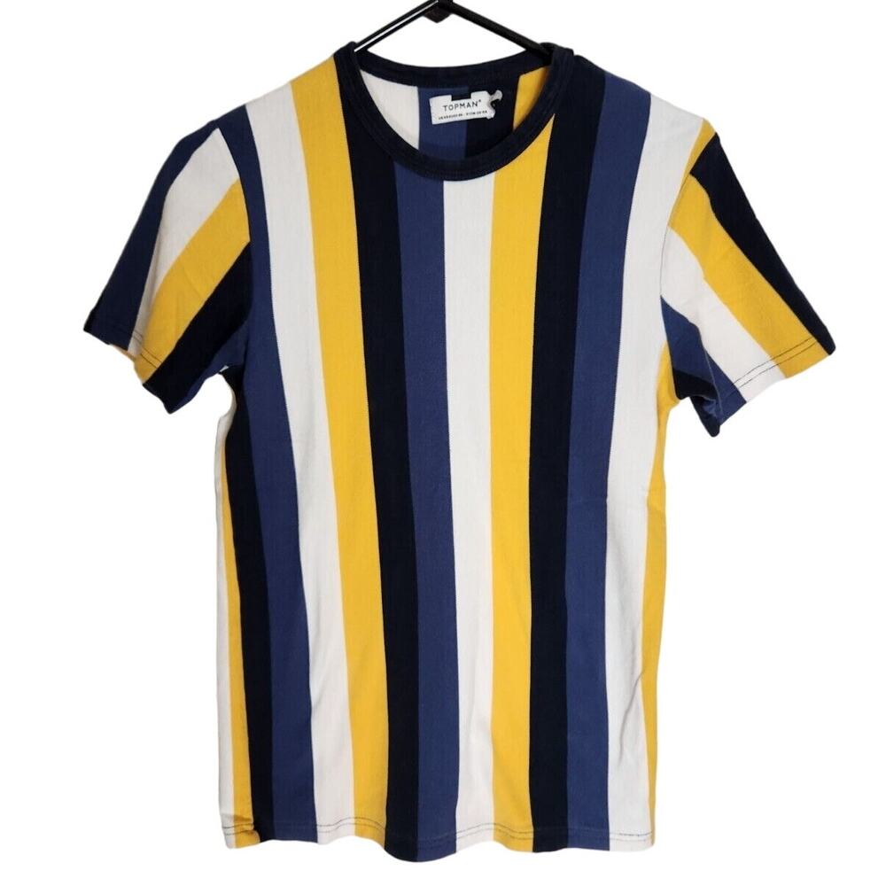 TOPMAN Mens Blue/Yellow Vertical Stripe T-Shirt Size XS